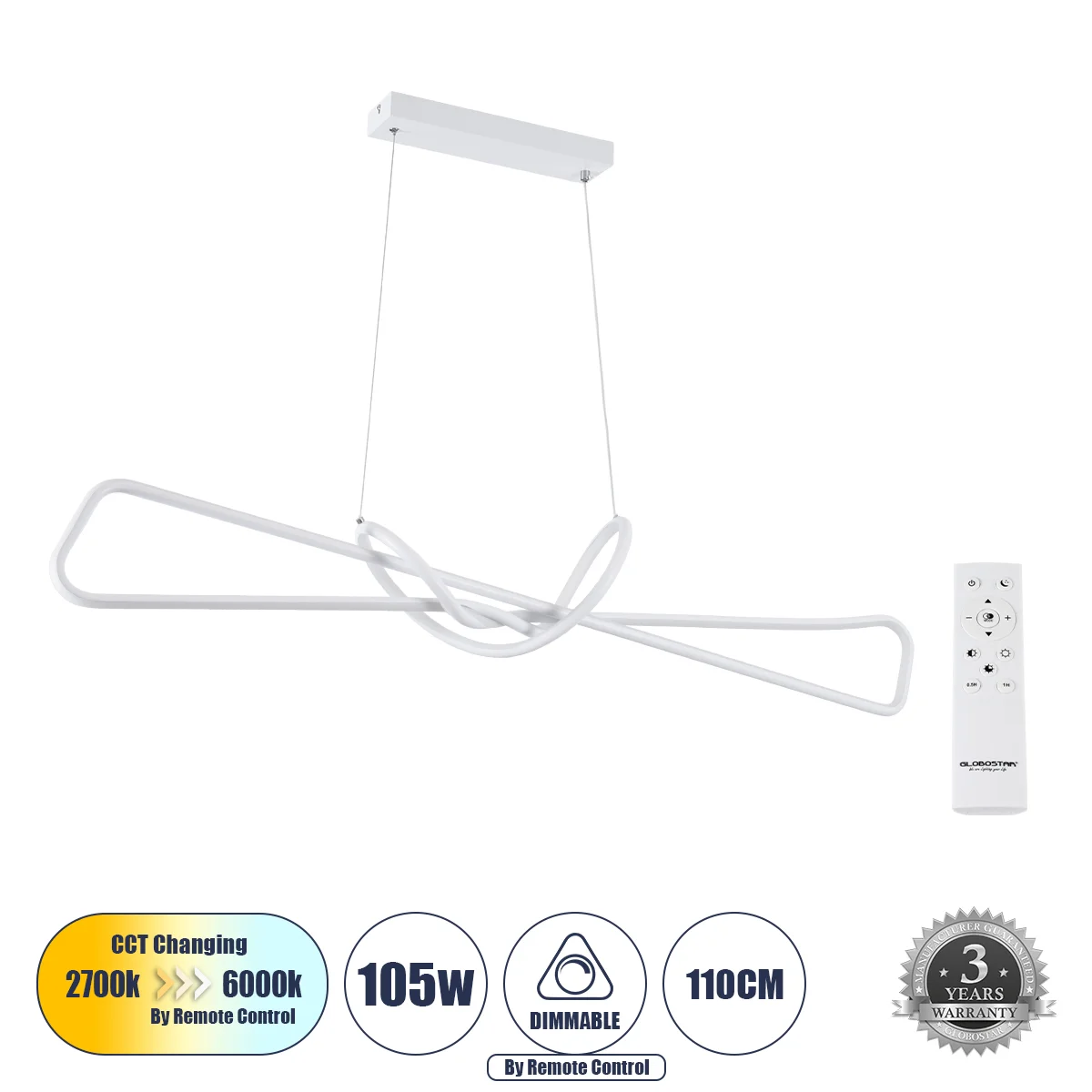 Φωτογραφία προϊόντος: GLOBOSTAR® DOLORES 61280 Μοντέρνο Κρεμαστό Φωτιστικό Οροφής LED 105W 11760lm 300° AC 220-240V IP20 Ρυθμιζόμενο Λευκό CCT με Χειριστήριο από 2700K έως 6000K Dimmable - Lumileds SMD