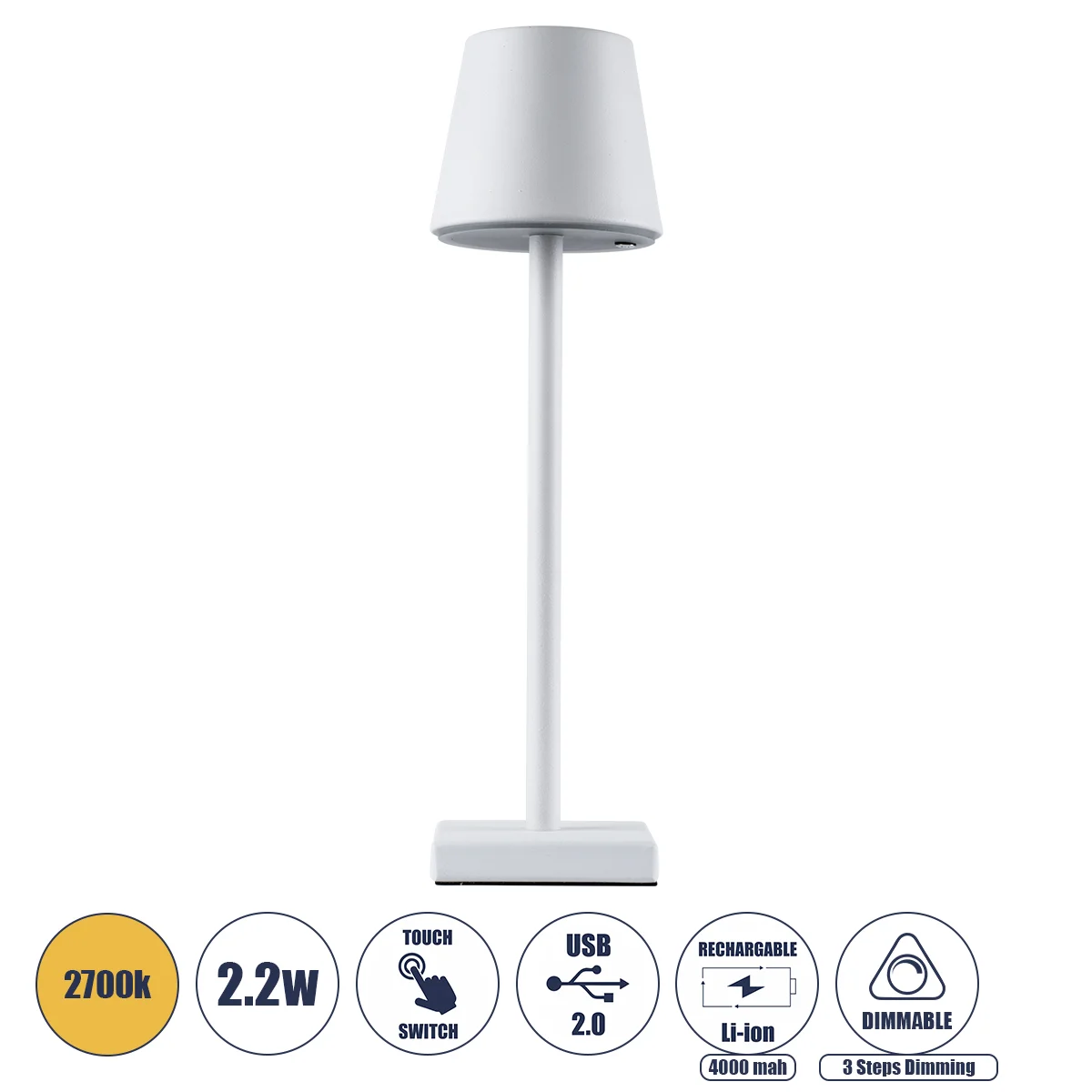 Φωτογραφία προϊόντος: GLOBOSTAR® NEGA 60474 Μοντέρνο Επιτραπέζιο Φωτιστικό LED 2.2W 154lm 360° DC 5V με USB με Επαναφορτιζόμενη Μπαταρία Li-ion 3.7V 4000mAh IP20 Θερμό Λευκό 2700K με Αφή Dimmable - Lumi