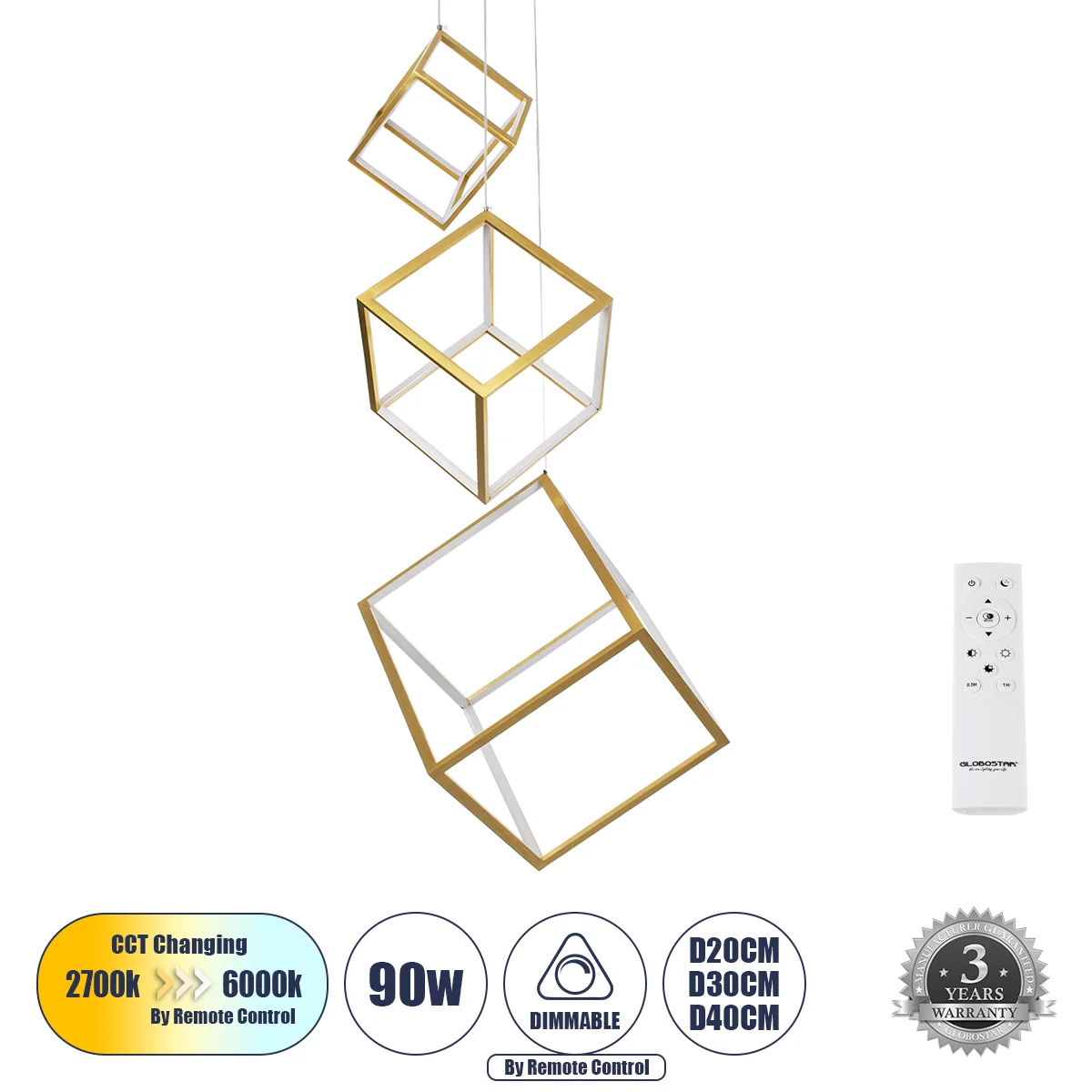 Φωτογραφία προϊόντος: GLOBOSTAR® KIBOO-TRIO 60932 Μοντέρνο Κρεμαστό Φωτιστικό Οροφής LED 90W 10350lm 360° AC 220-240V IP20 Ρυθμιζόμενο Λευκό CCT με Χειριστήριο από 2700K έως 6000K Dimmable - Lumileds SM