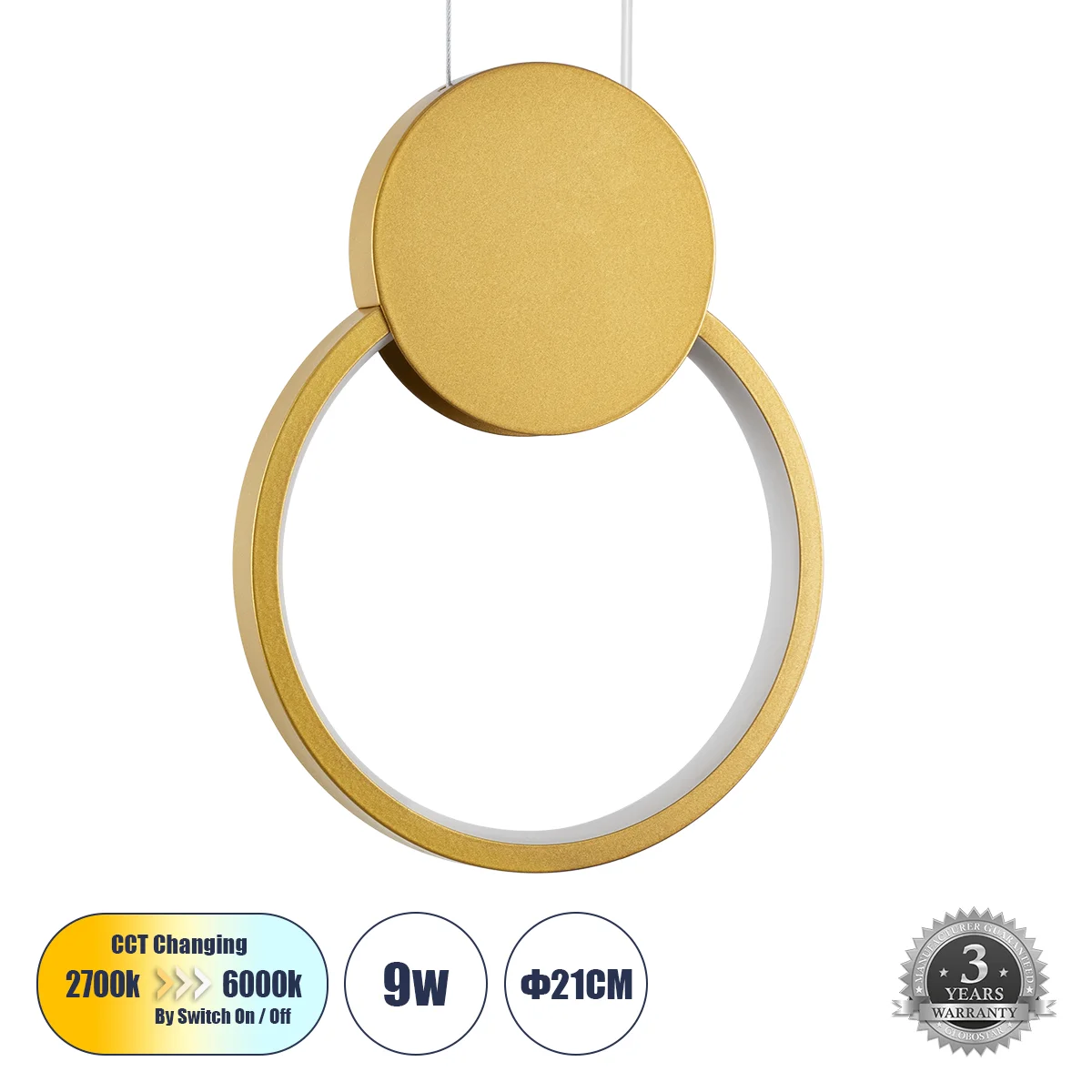 Φωτογραφία προϊόντος: GLOBOSTAR® CYCLOS 61075 Μοντέρνο Κρεμαστό Φωτιστικό Οροφής LED 9W 1080lm 300° AC 220-240V IP20 Ρυθμιζόμενο Λευκό CCT με On/Off 2700K/4500K/6000K - Lumileds SMD Chip - Χρυσό Βούρτσα