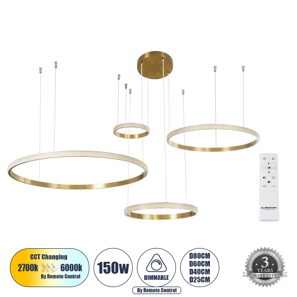 Φωτογραφία προϊόντος: GLOBOSTAR® DIAMOND TETRA 61149 Μοντέρνο Κρεμαστό Φωτιστικό Οροφής LED 150W 15000lm 360° AC 220-240V IP20 Ρυθμιζόμενο Λευκό CCT με Χειριστήριο από 2700K έως 6000K Dimmable - Lumiled