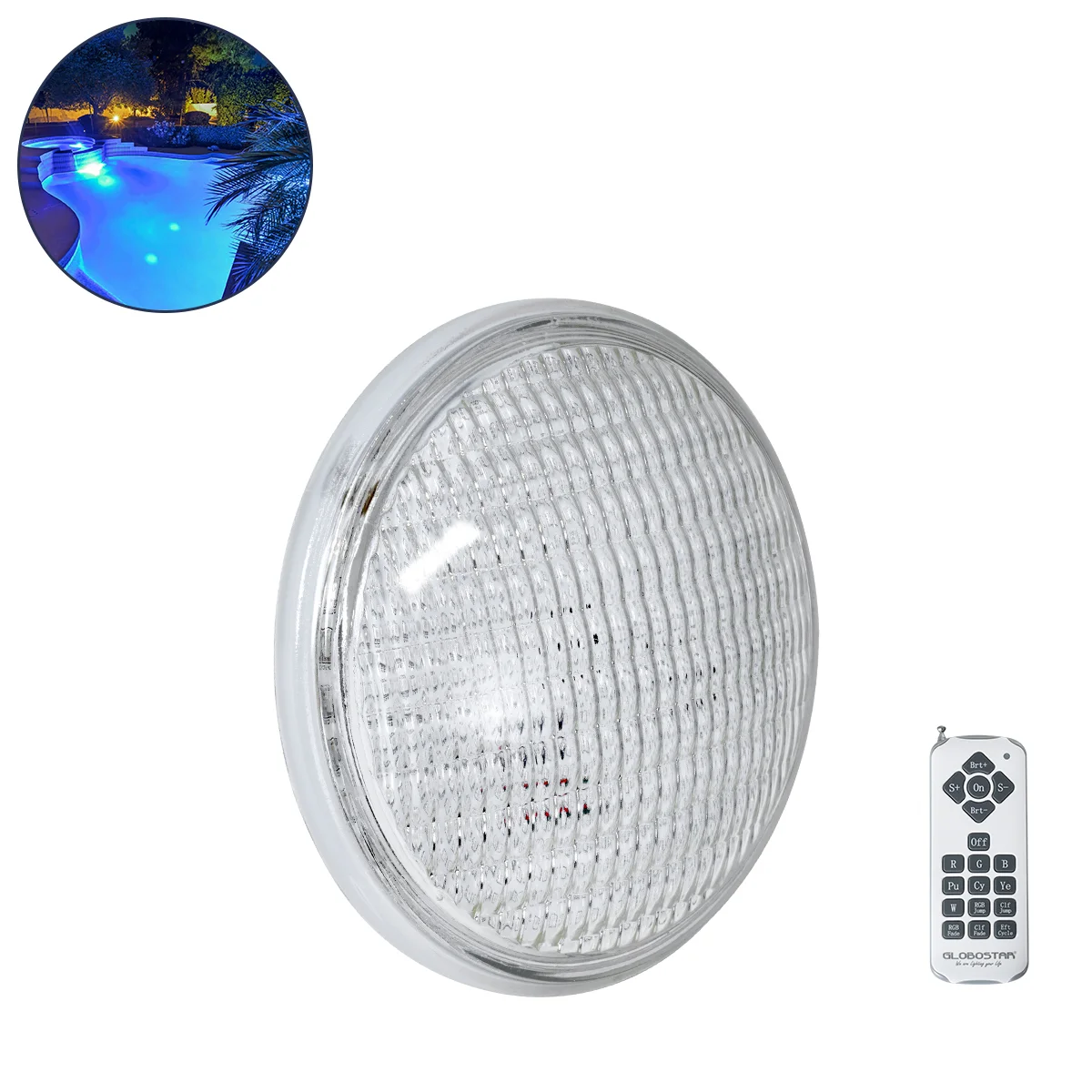 Φωτογραφία προϊόντος: GloboStar® POOLANO 61537 Λάμπα LED Σποτ Πισίνας GX16D PAR56 25W 1750lm 120° AC 12V Αδιάβροχο IP68 IK06 Tempered Glass Φ18 x Υ10cm RGB με Ασύρματο Χειριστήριο RF 2.4Ghz Εμβέλειας 60