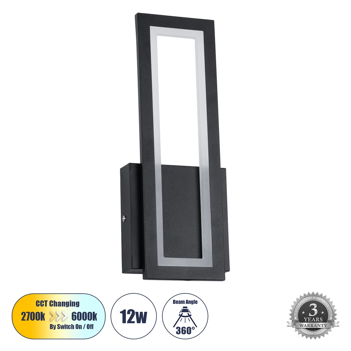Φωτογραφία προϊόντος: GLOBOSTAR® TIARA 61327 Μοντέρνο Φωτιστικό Τοίχου - Απλίκα LED 12W 1440lm 300° AC 220-240V IP20 Ρυθμιζόμενο Λευκό CCT με On/Off 2700K/4500K/6000K - Lumileds SMD Chip - Μαύρο Ματ - Μ
