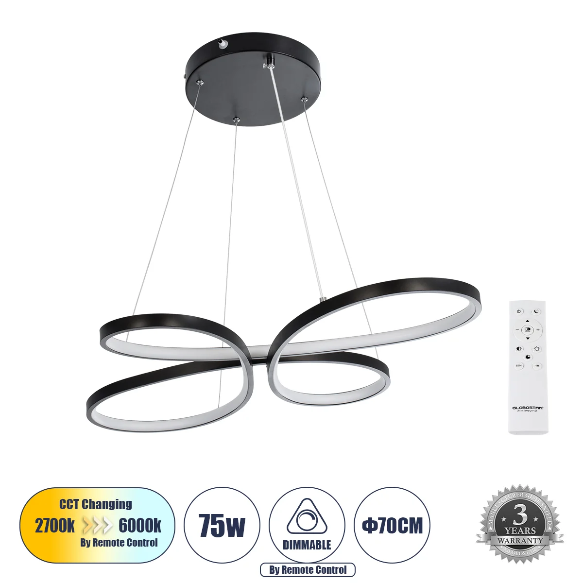 Φωτογραφία προϊόντος: GLOBOSTAR® BUTTERFLY 61391 Μοντέρνο Κρεμαστό Φωτιστικό Οροφής LED 75W 7500lm 300° AC 220-240V IP20 Ρυθμιζόμενο Λευκό CCT με Χειριστήριο από 2700K έως 6000K Dimmable - Lumileds SMD