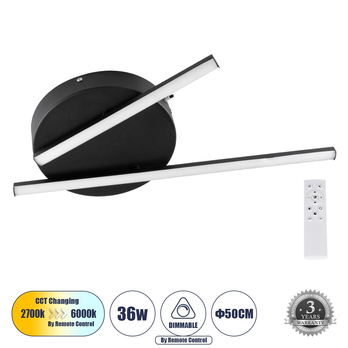 Φωτογραφία προϊόντος: GLOBOSTAR® DRACO 61091 Μοντέρνο Φωτιστικό Οροφής LED 36W 4428lm 120° AC 220-240V IP20 Ρυθμιζόμενο Λευκό CCT με Χειριστήριο από 2700K έως 6000K Dimmable - Lumileds SMD Chip - Μαύρο