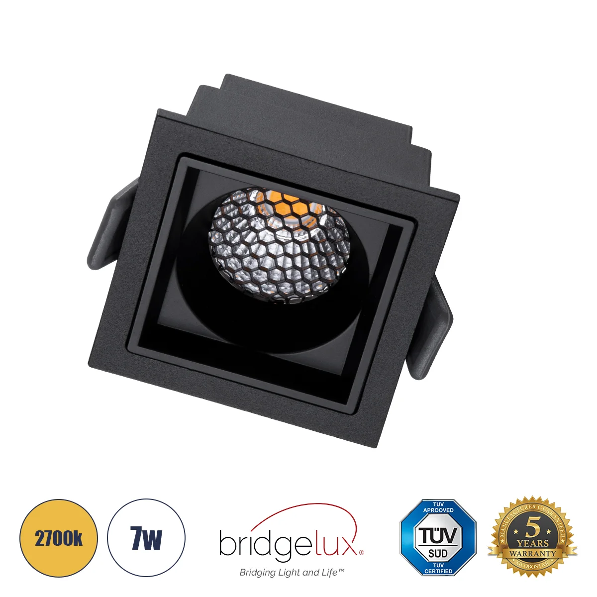 Φωτογραφία προϊόντος: GLOBOSTAR® PLUTO-S 60269 Χωνευτό Downlight Σποτ με Honeycomb Anti Glare Reflector LED 7W 875lm 38° AC 220-240V IP20 Θερμό Λευκό 2700K - Bridgelux COB Chip & TÜV SÜD Driver - Μαύρο