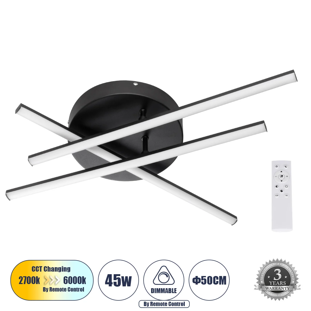 Φωτογραφία προϊόντος: GLOBOSTAR® DRACO 61093 Μοντέρνο Φωτιστικό Οροφής LED 45W 5535lm 120° AC 220-240V IP20 Ρυθμιζόμενο Λευκό CCT με Χειριστήριο από 2700K έως 6000K Dimmable - Lumileds SMD Chip - Μαύρο