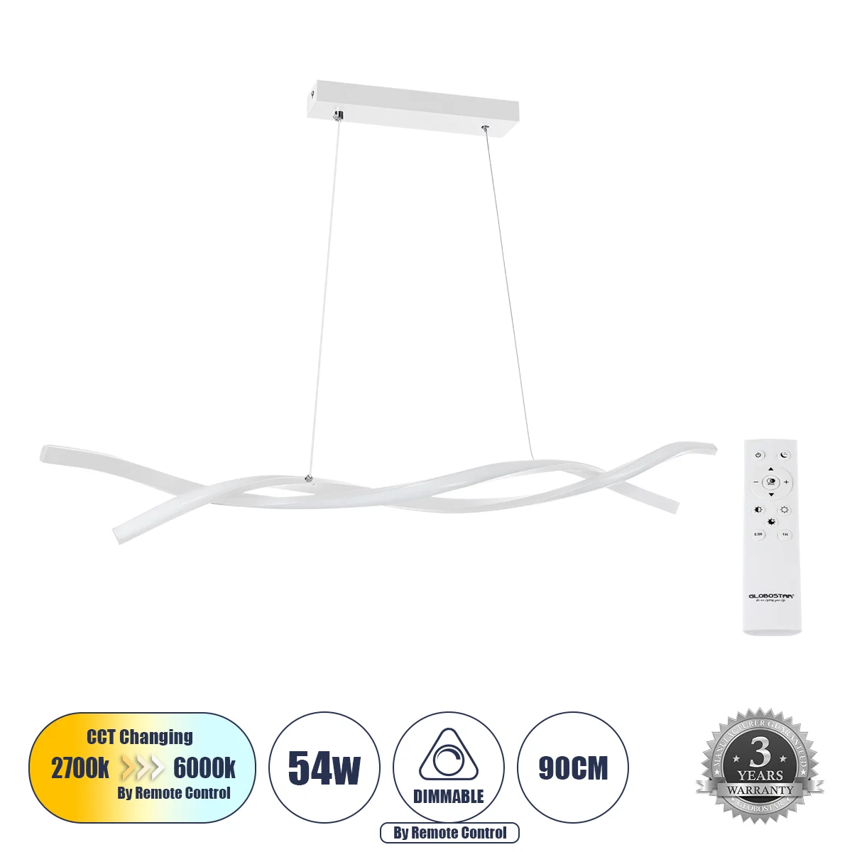 Φωτογραφία προϊόντος: GLOBOSTAR® MORALES 61276 Μοντέρνο Κρεμαστό Φωτιστικό Οροφής LED 54W 6048lm 300° AC 220-240V IP20 Ρυθμιζόμενο Λευκό CCT με Χειριστήριο από 2700K έως 6000K Dimmable - Lumileds SMD Ch