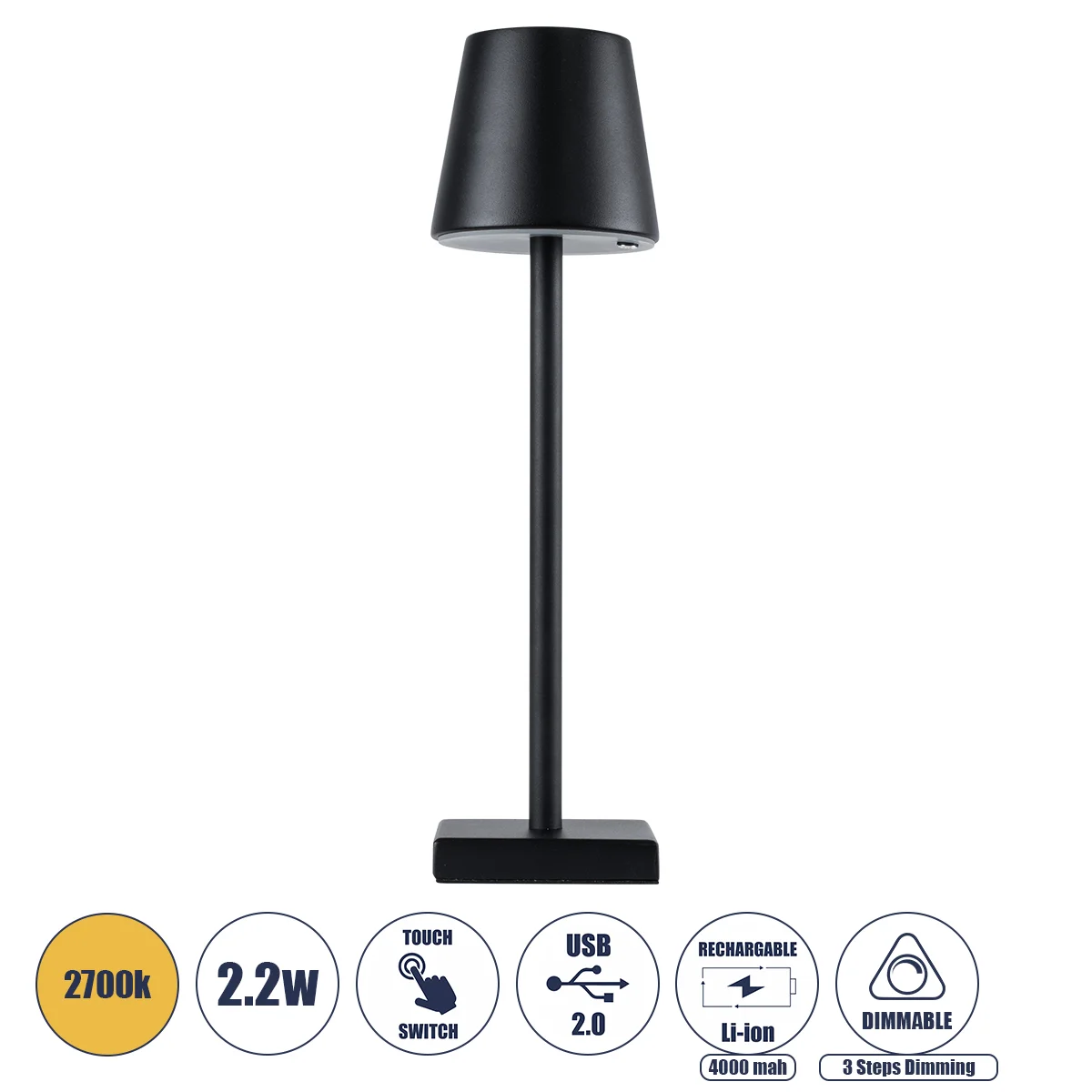 Φωτογραφία προϊόντος: GLOBOSTAR® NEGA 60473 Μοντέρνο Επιτραπέζιο Φωτιστικό LED 2.2W 154lm 360° DC 5V με USB με Επαναφορτιζόμενη Μπαταρία Li-ion 3.7V 4000mAh IP20 Θερμό Λευκό 2700K με Αφή Dimmable - Lumi