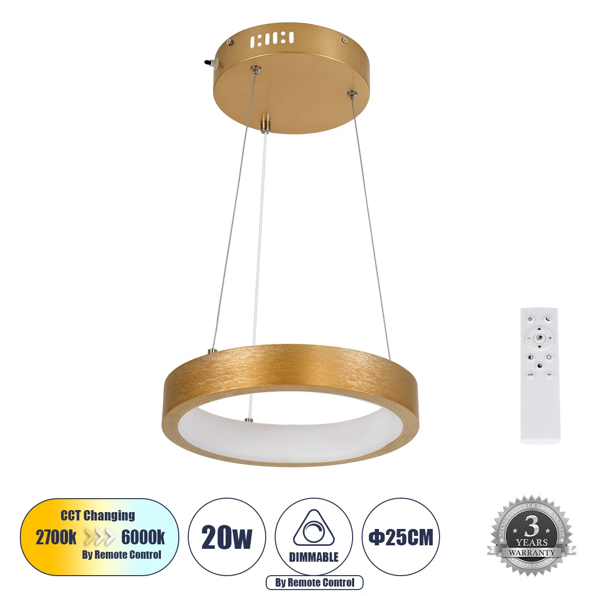 Φωτογραφία προϊόντος: GLOBOSTAR® NEMESIS 61154 Μοντέρνο Κρεμαστό Φωτιστικό Οροφής LED 20W 2356lm 360° AC 220-240V IP20 Ρυθμιζόμενο Λευκό CCT με Χειριστήριο από 2700K έως 6000K Dimmable - Lumileds SMD Ch