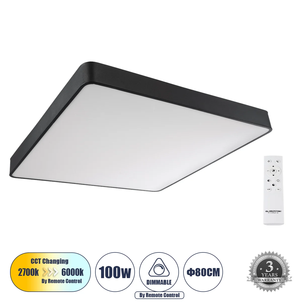 Φωτογραφία προϊόντος: GLOBOSTAR® KAMALA 61210-S Μοντέρνο Φωτιστικό Οροφής LED 100W 10000lm 120° AC 220-240V IP20 Ρυθμιζόμενο Λευκό CCT με Χειριστήριο από 2700K έως 6000K Dimmable - Lumileds SMD Chip - Μ