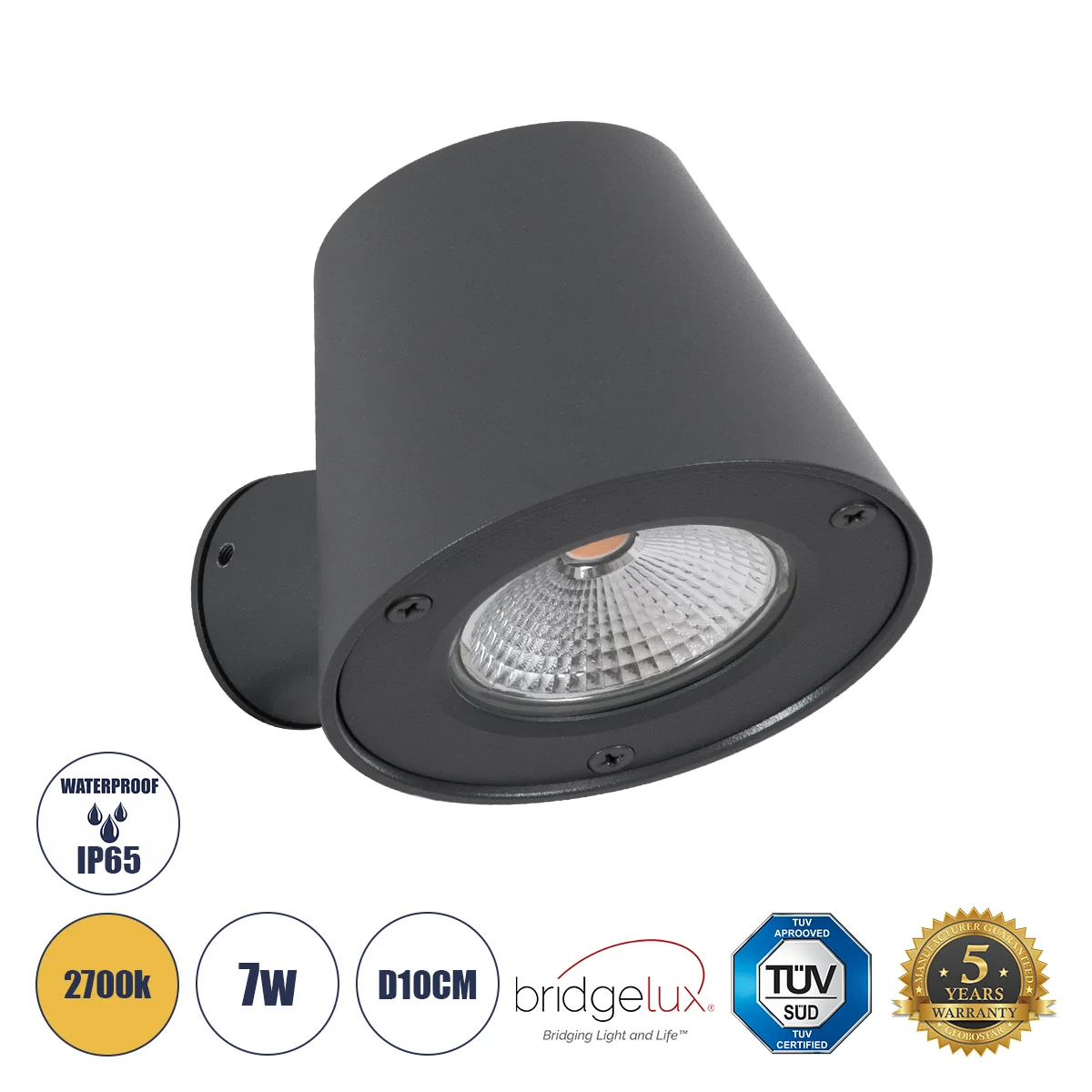 Φωτογραφία προϊόντος: GLOBOSTAR® GARDENIA 60798 Μοντέρνο Φωτιστικό Τοίχου - Απλίκα LED 7W 700lm 60° AC 220-240V Αδιάβροχο IP65 Θερμό Λευκό 2700K - Bridgelux COB Chip & TÜV SÜD Driver - Γκρι Ανθρακί Ματ