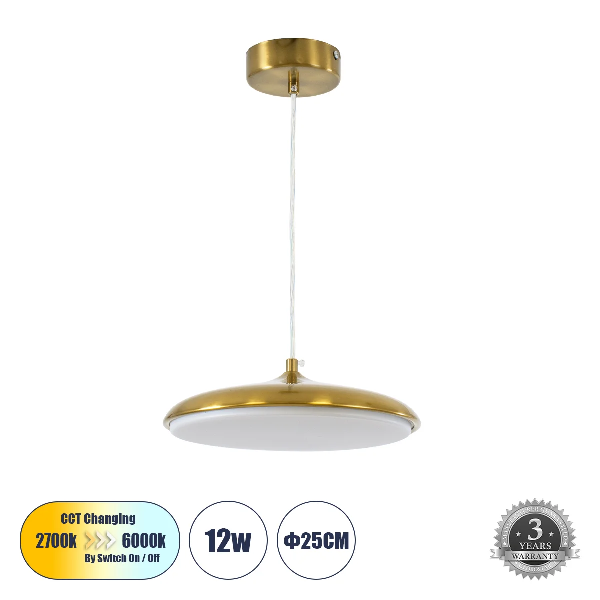 Φωτογραφία προϊόντος: GLOBOSTAR® BARON 60886 Μοντέρνο Κρεμαστό Φωτιστικό Οροφής LED 12W 1440lm 120° AC 220-240V IP20 Ρυθμιζόμενο Λευκό CCT με On/Off 2700K/4500K/6000K - Lumileds SMD Chip - Χρυσό - Μ25 x