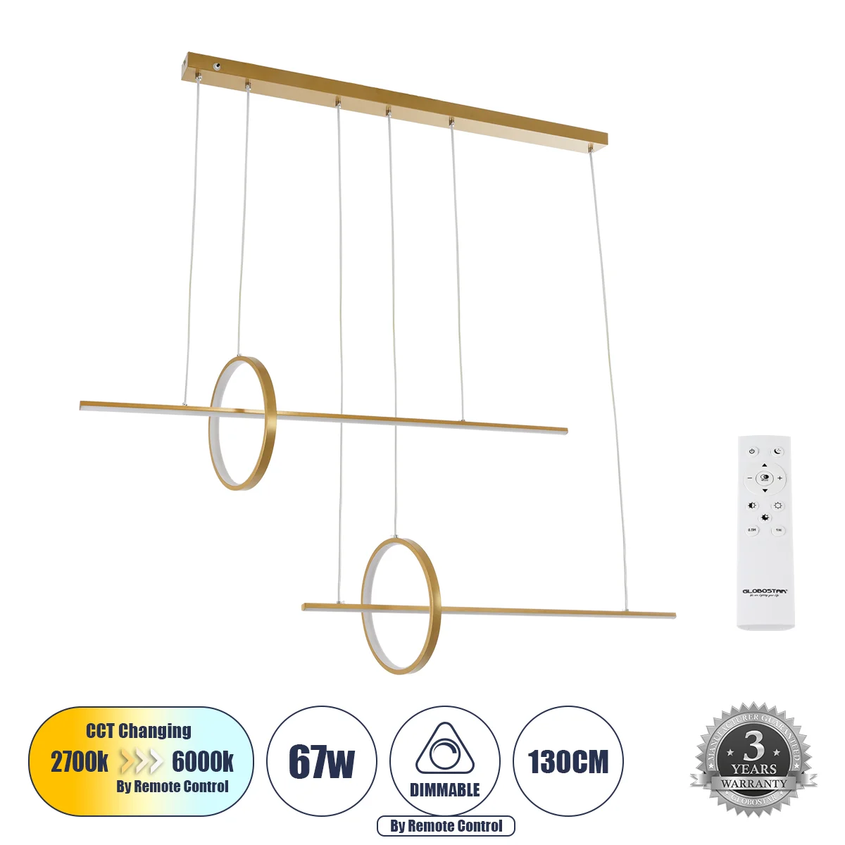 Φωτογραφία προϊόντος: GLOBOSTAR® LINEARE 61291 Μοντέρνο Κρεμαστό Φωτιστικό Οροφής LED 67W 7504lm 300° AC 220-240V IP20 Ρυθμιζόμενο Λευκό CCT με Χειριστήριο από 2700K έως 6000K Dimmable - Lumileds SMD Ch