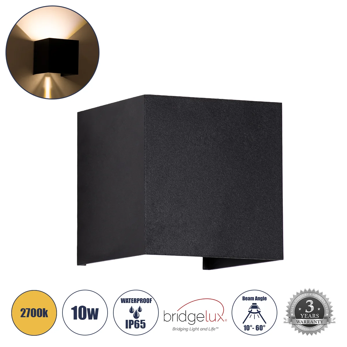 Φωτογραφία προϊόντος: GLOBOSTAR® AXIS-S 60562 Μοντέρνο Φωτιστικό Τοίχου - Απλίκα LED 10W 1150lm 5°/60° AC 220-240V Αδιάβροχο IP65 Θερμό Λευκό 2700K - Bridgelux COB Chip & TÜV SÜD Driver - Μαύρο Ματ - Μ1