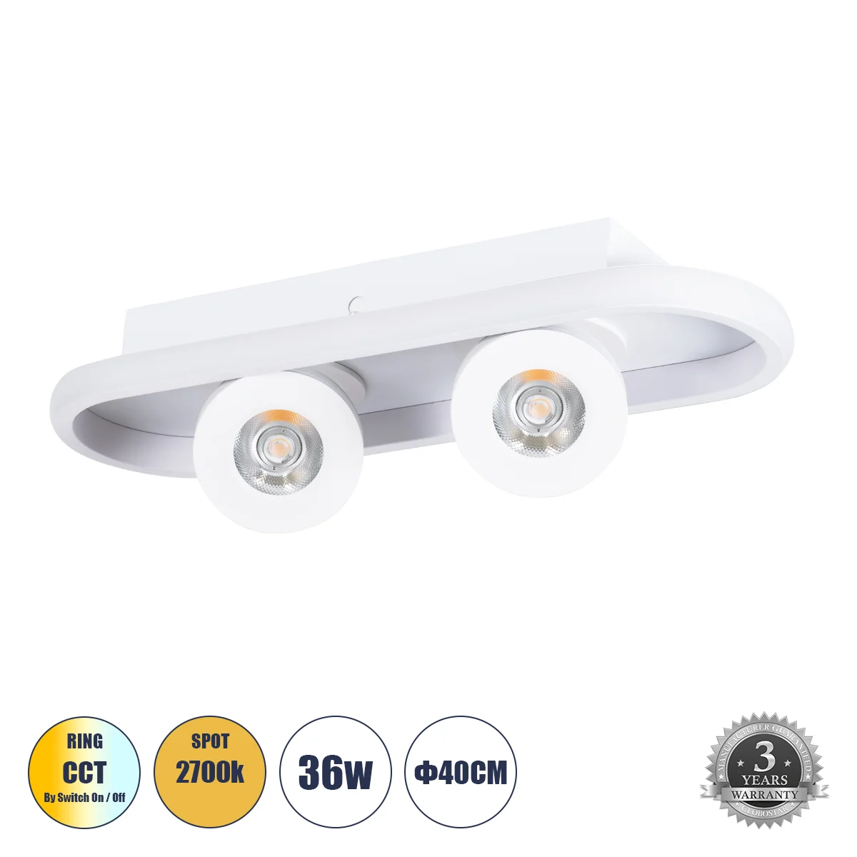 Φωτογραφία προϊόντος: GLOBOSTAR® NESPO 61213 Μοντέρνο Φωτιστικό Οροφής LED 36W 4032lm 360° & 45° AC 220-240V IP20 Ρυθμιζόμενο Λευκό CCT με On/Off 2700K/4500K/6000K - Lumileds SMD Chip - Λευκό Ματ - Μ40