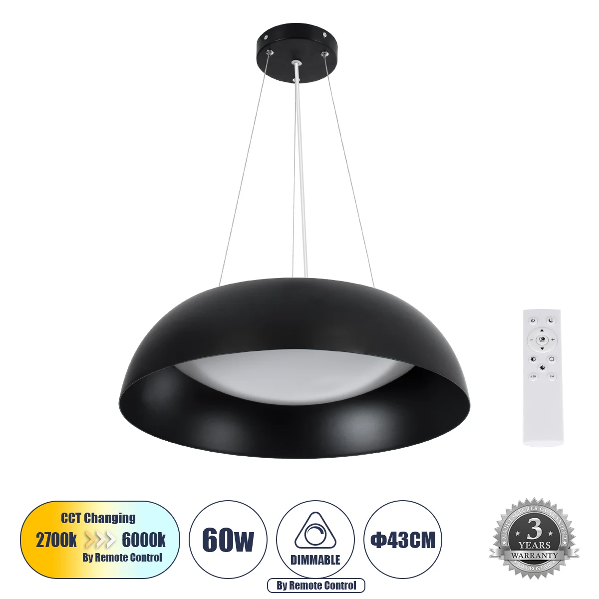 Φωτογραφία προϊόντος: GLOBOSTAR® ANATOLIA 61267 Μοντέρνο Κρεμαστό Φωτιστικό Οροφής LED 60W 6900lm 120° AC 220-240V IP20 Ρυθμιζόμενο Λευκό CCT με Χειριστήριο από 2700K έως 6000K Dimmable - Lumileds SMD C