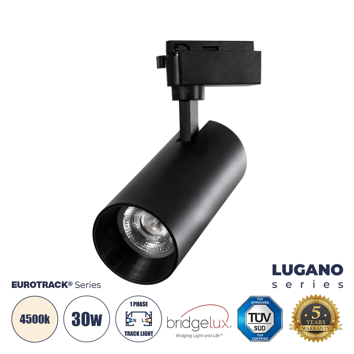 Φωτογραφία προϊόντος: GLOBOSTAR® LUGANO 60816 Μονοφασικό Σποτ Ράγας LED 30W 3750lm 36° AC 220-240V IP20 Φυσικό Λευκό 4500K - Bridgelux COB Chip & TÜV SÜD Driver - Eurotrack 1PH - Μαύρο Ματ - Μ7.5 x Π7.5