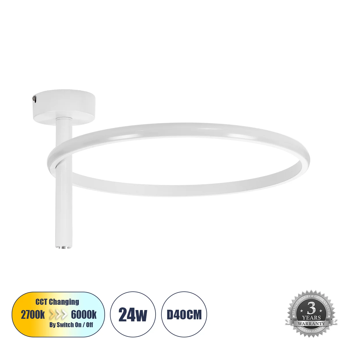 Φωτογραφία προϊόντος: GLOBOSTAR® VERONA 61221 Μοντέρνο Φωτιστικό Οροφής LED 24W 2688lm 360° AC 220-240V IP20 Ρυθμιζόμενο Λευκό CCT με On/Off 2700K/4500K/6000K - Lumileds SMD Chip - Λευκό Ματ - Μ40 x Π40