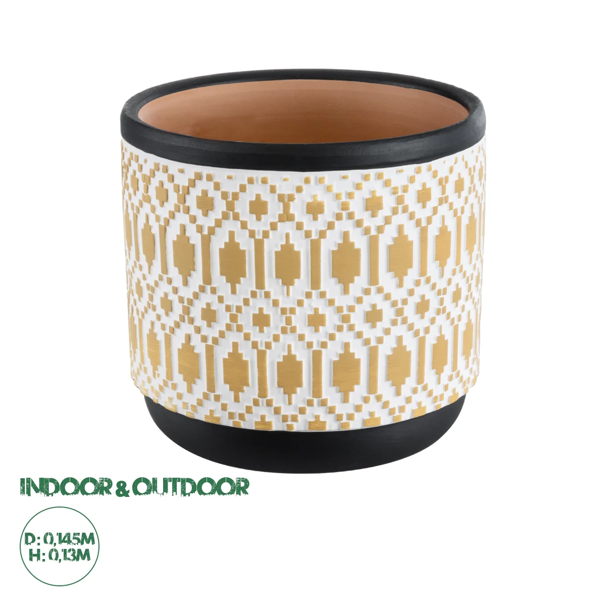 Φωτογραφία προϊόντος: GloboStar® Artificial Garden VARANASI 20524 Διακοσμητικό Κεραμικό Κασπώ Γλάστρα - Flower Pot Χρυσό με Λευκό και Μαύρο Φ14.5 x Υ13cm