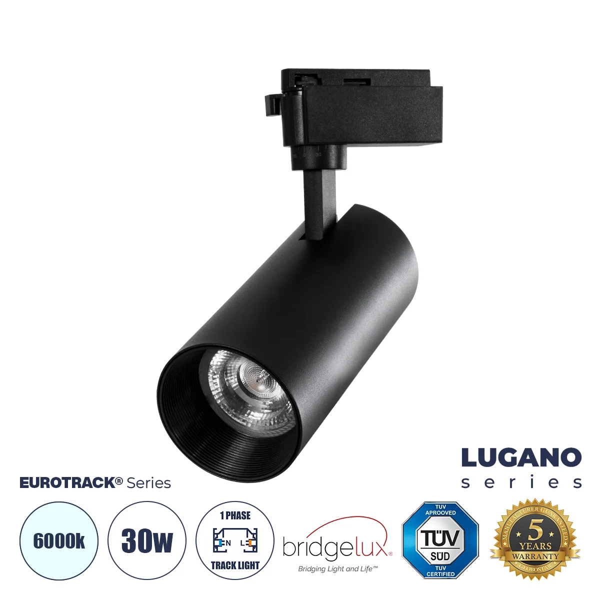 Φωτογραφία προϊόντος: GloboStar® LUGANO 60815 Μονοφασικό Φωτιστικό Σποτ Ράγας LED 30W 3900lm 36° Acrylic HQ LENS AC 220-240V IP20 Φ7.5 x Υ22.7cm Ψυχρό Λευκό 6000K - EUROTRACK® System 1L+1N - Μαύρο - Bri