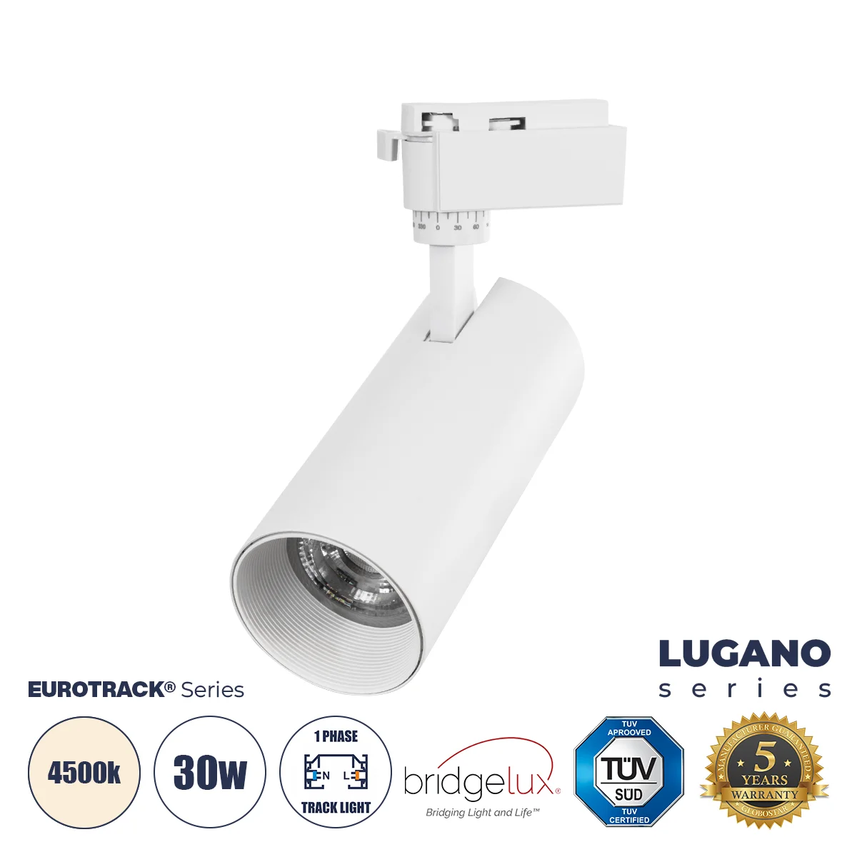 Φωτογραφία προϊόντος: GLOBOSTAR® LUGANO 60813 Μονοφασικό Φωτιστικό Σποτ Ράγας LED 30W 3750lm 36° AC 220-240V IP20 Φυσικό Λευκό 4500K - Bridgelux COB Chip & TÜV SÜD Driver - Eurotrack 1PH - Λευκό Ματ - Μ