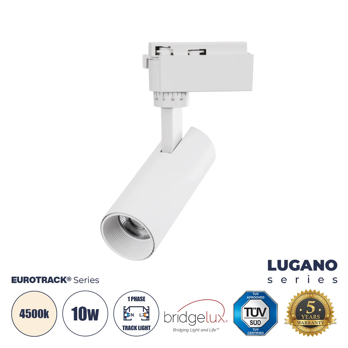 Φωτογραφία προϊόντος: GloboStar® LUGANO 60801 Μονοφασικό Φωτιστικό Σποτ Ράγας LED 10W 1250lm 36° Acrylic HQ LENS AC 220-240V IP20 Φ4.5 x Υ18cm Φυσικό Λευκό 4500K - EUROTRACK® System 1L+1N - Λευκό - Brid