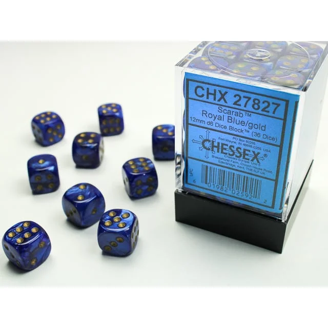 Φωτογραφία προϊόντος: GR Chessex Signature 12mm D6 With Pips Dice Blocks (36 Dice) - Scarab Royal Blue W/Gold