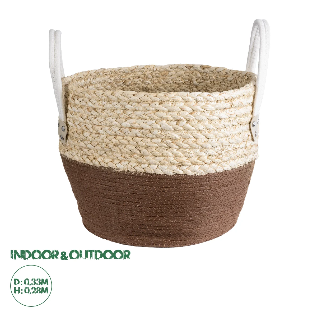 Φωτογραφία προϊόντος: GloboStar® Artificial Garden CAROLINA 20580 Διακοσμητικό Πλεκτό Κασπώ Γλάστρα - Flower Pot Μπεζ με Καφέ και Λευκό Φ33 x Υ28cm