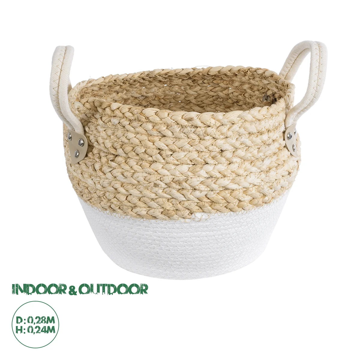 Φωτογραφία προϊόντος: GloboStar® Artificial Garden SANTORINI 20576 Διακοσμητικό Πλεκτό Κασπώ Γλάστρα - Flower Pot Μπεζ με Λευκό Φ28 x Υ24cm