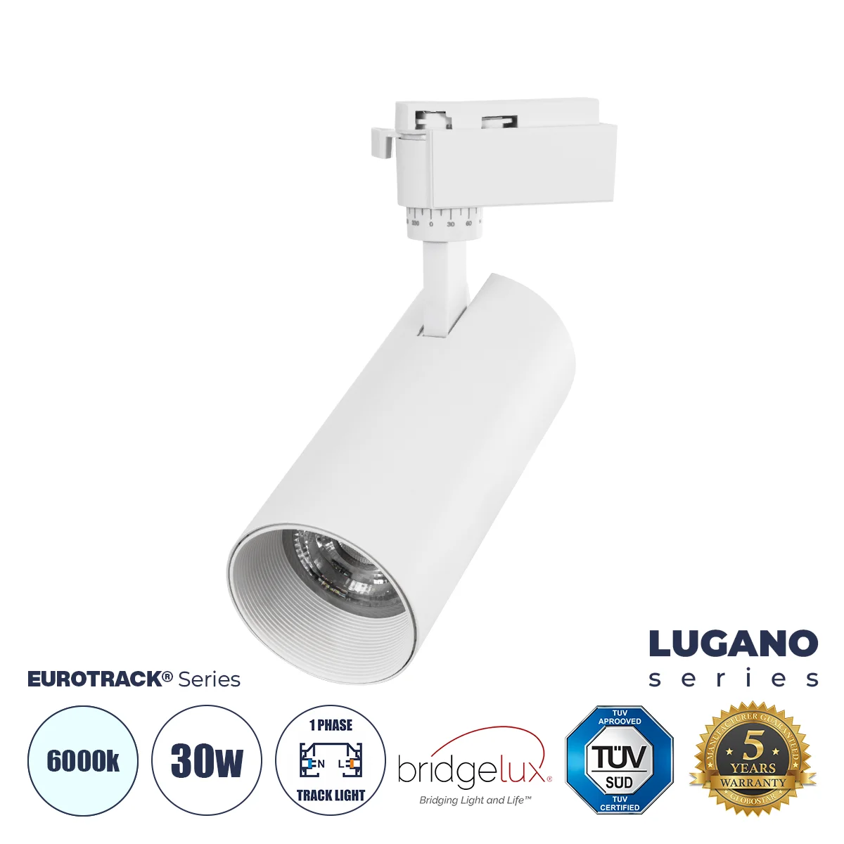 Φωτογραφία προϊόντος: GloboStar® LUGANO 60812 Μονοφασικό Φωτιστικό Σποτ Ράγας LED 30W 3900lm 36° Acrylic HQ LENS AC 220-240V IP20 Φ7.5 x Υ22.7cm Ψυχρό Λευκό 6000K - EUROTRACK® System 1L+1N - Λευκό - Bri