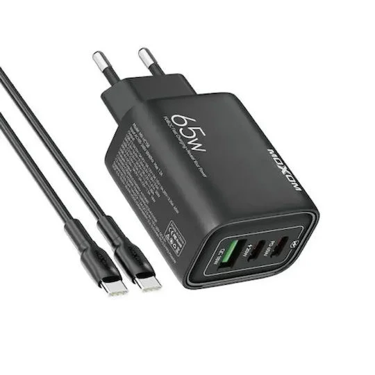 Φωτογραφία προϊόντος: Moxom Φορτιστής με Θύρα USB-A και 2 Θύρες USB-C και Καλώδιο USB-C - USB-C 65W Power Delivery / Quick Charge 3.0 Μαύρος (MX-HC158)