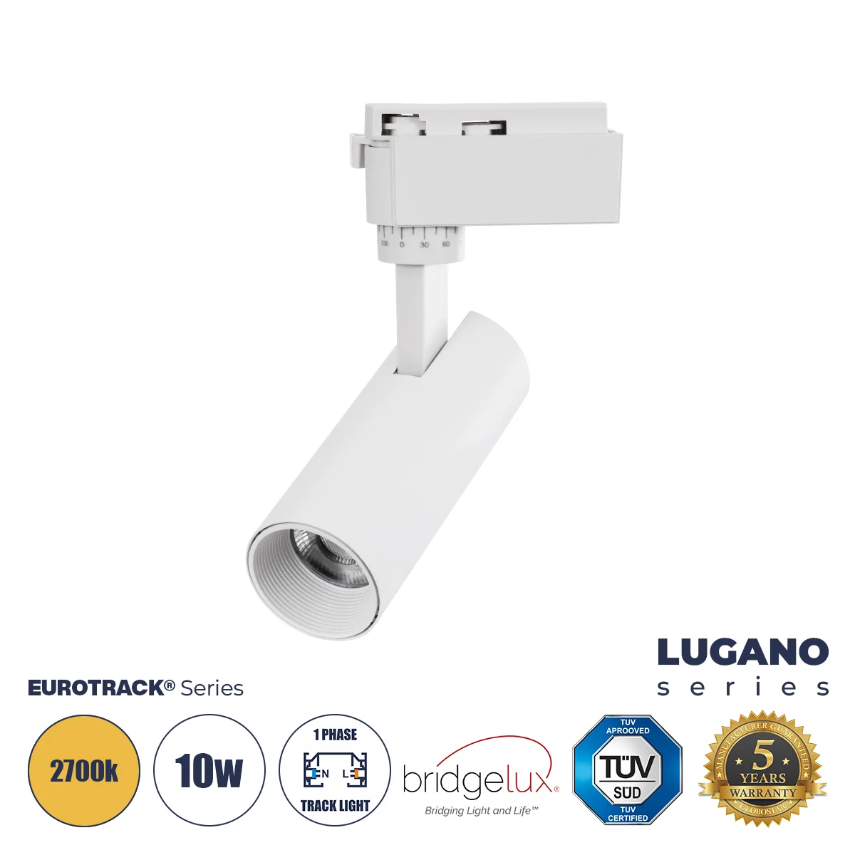 Φωτογραφία προϊόντος: GloboStar® LUGANO 60802 Μονοφασικό Φωτιστικό Σποτ Ράγας LED 10W 1200lm 36° Acrylic HQ LENS AC 220-240V IP20 Φ4.5 x Υ18cm Θερμό Λευκό 2700K - EUROTRACK® System 1L+1N - Λευκό - Bridg