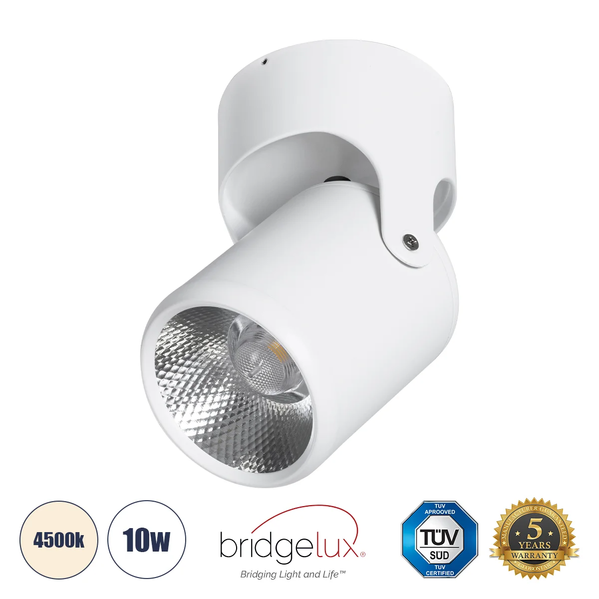 Φωτογραφία προϊόντος: GLOBOSTAR® DETRONIC 60501 Κινούμενο Downlight Σποτ LED 10W 1300lm 24° AC 220-240V IP20 Φυσικό Λευκό 4500K - Bridgelux COB Chip & TÜV SÜD Driver - Λευκό Ματ - Μ9 x Π9 x Υ16cm - 5 Χρ
