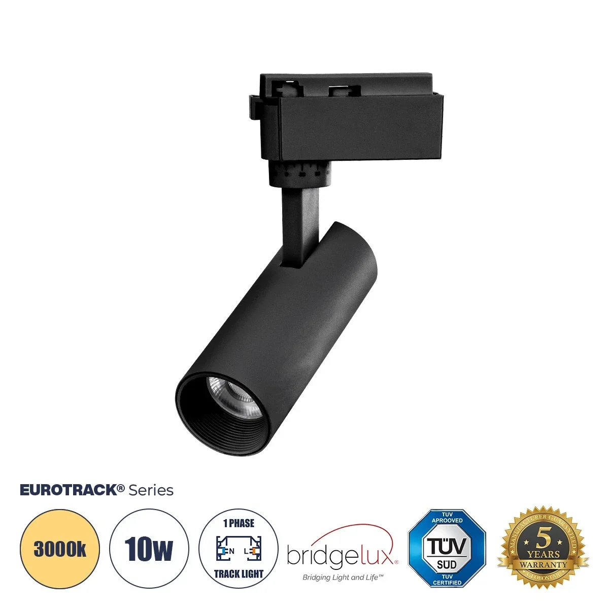Φωτογραφία προϊόντος: GLOBOSTAR® LUGANO 60805 Μονοφασικό Σποτ Ράγας LED 10W 1200lm 36° AC 220-240V IP20 Θερμό Λευκό 2700K - Bridgelux COB Chip & TÜV SÜD Driver - Eurotrack 1PH - Μαύρο Ματ - Μ4.5 x Π4.5