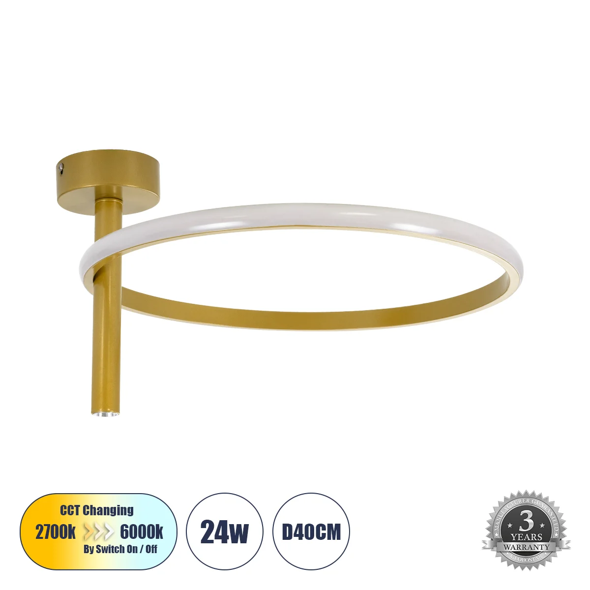 Φωτογραφία προϊόντος: GLOBOSTAR® VERONA 61222 Μοντέρνο Φωτιστικό Οροφής LED 24W 2688lm 360° AC 220-240V IP20 Ρυθμιζόμενο Λευκό CCT με On/Off 2700K/4500K/6000K - Lumileds SMD Chip - Χρυσό - Μ40 x Π40 x Υ