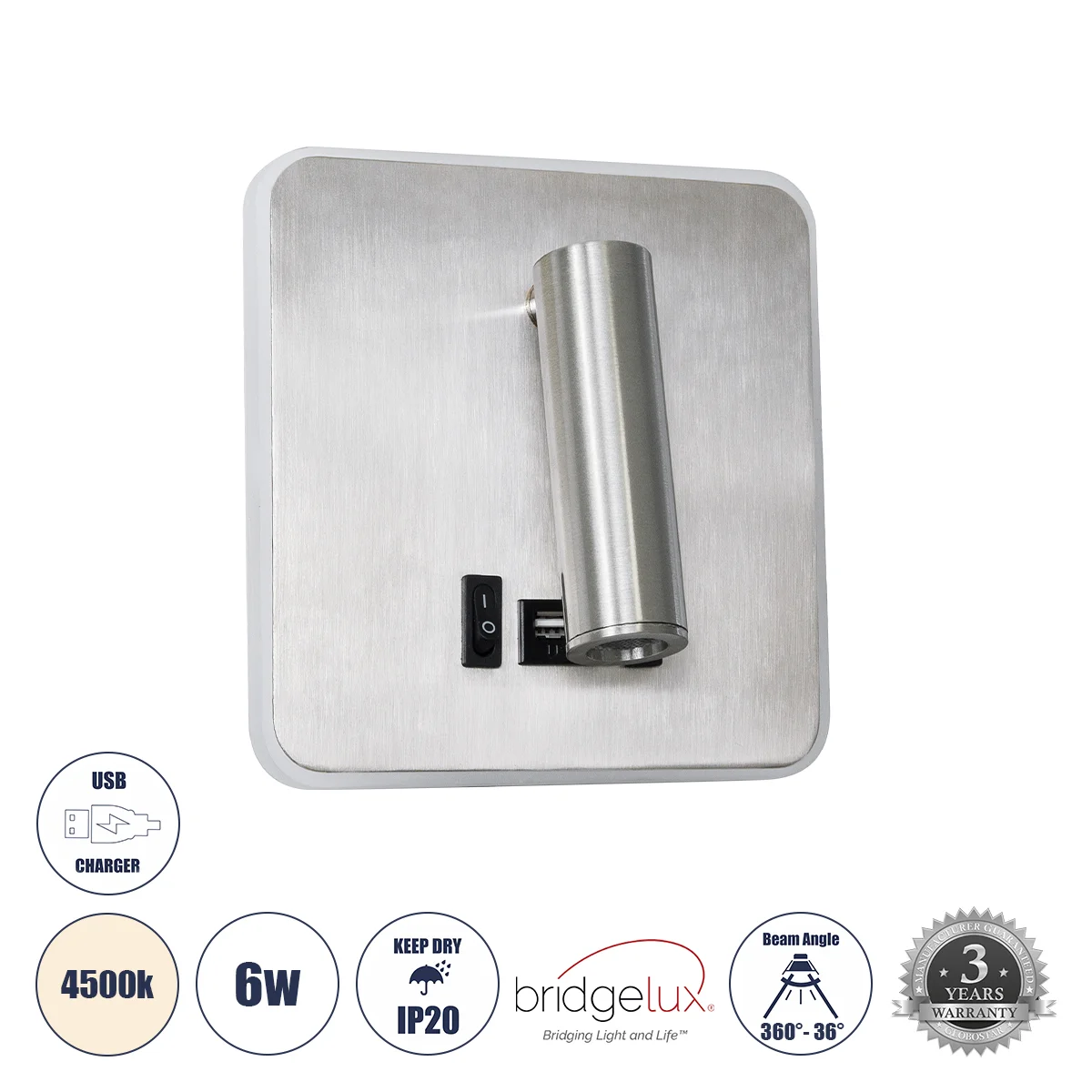 Φωτογραφία προϊόντος: GLOBOSTAR® LADY-S 60945 Μοντέρνο Φωτιστικό Τοίχου - Απλίκα Ξενοδοχείου Reading Light με Φορτιστή USB 3A LED 6W 600lm 36° & 360° AC 220-240V IP20 Φυσικό Λευκό 4500K - Bridgelux COB