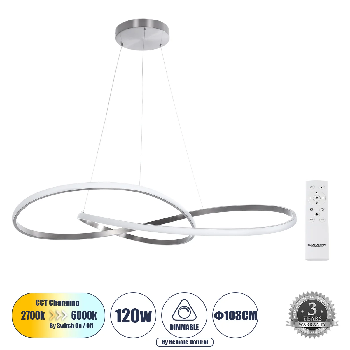 Φωτογραφία προϊόντος: GLOBOSTAR® DEXTER 60919 Μοντέρνο Κρεμαστό Φωτιστικό Οροφής LED 120W 13440lm 300° AC 220-240V IP20 Ρυθμιζόμενο Λευκό CCT με Χειριστήριο από 2700K έως 6000K Dimmable - Lumileds SMD C