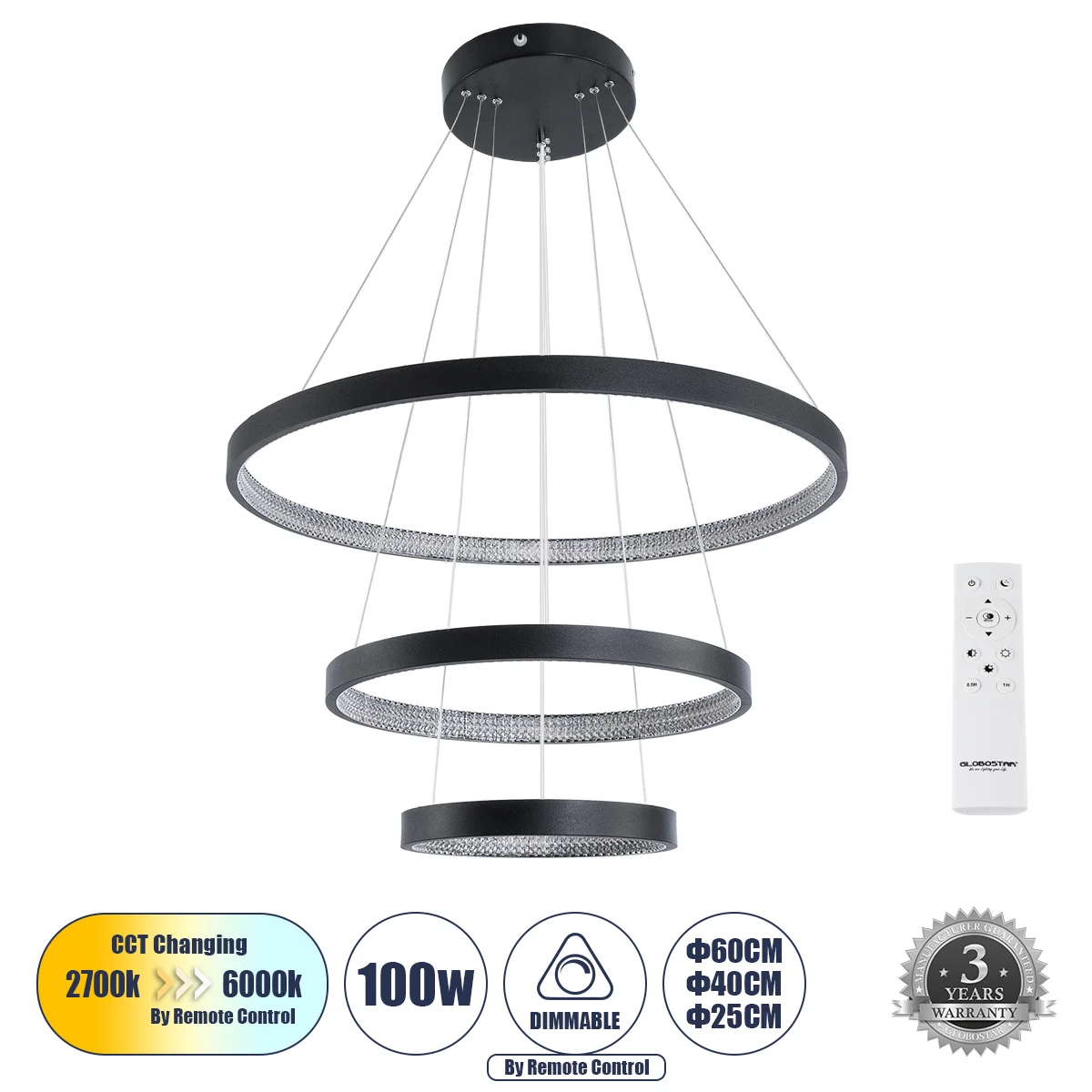 Φωτογραφία προϊόντος: GLOBOSTAR® DIAMOND TRIO 61523 Μοντέρνο Κρεμαστό Φωτιστικό Οροφής LED 100W 11200lm 360° AC 220-240V IP20 Ρυθμιζόμενο Λευκό CCT με Χειριστήριο από 2700K έως 6000K Dimmable - Lumileds