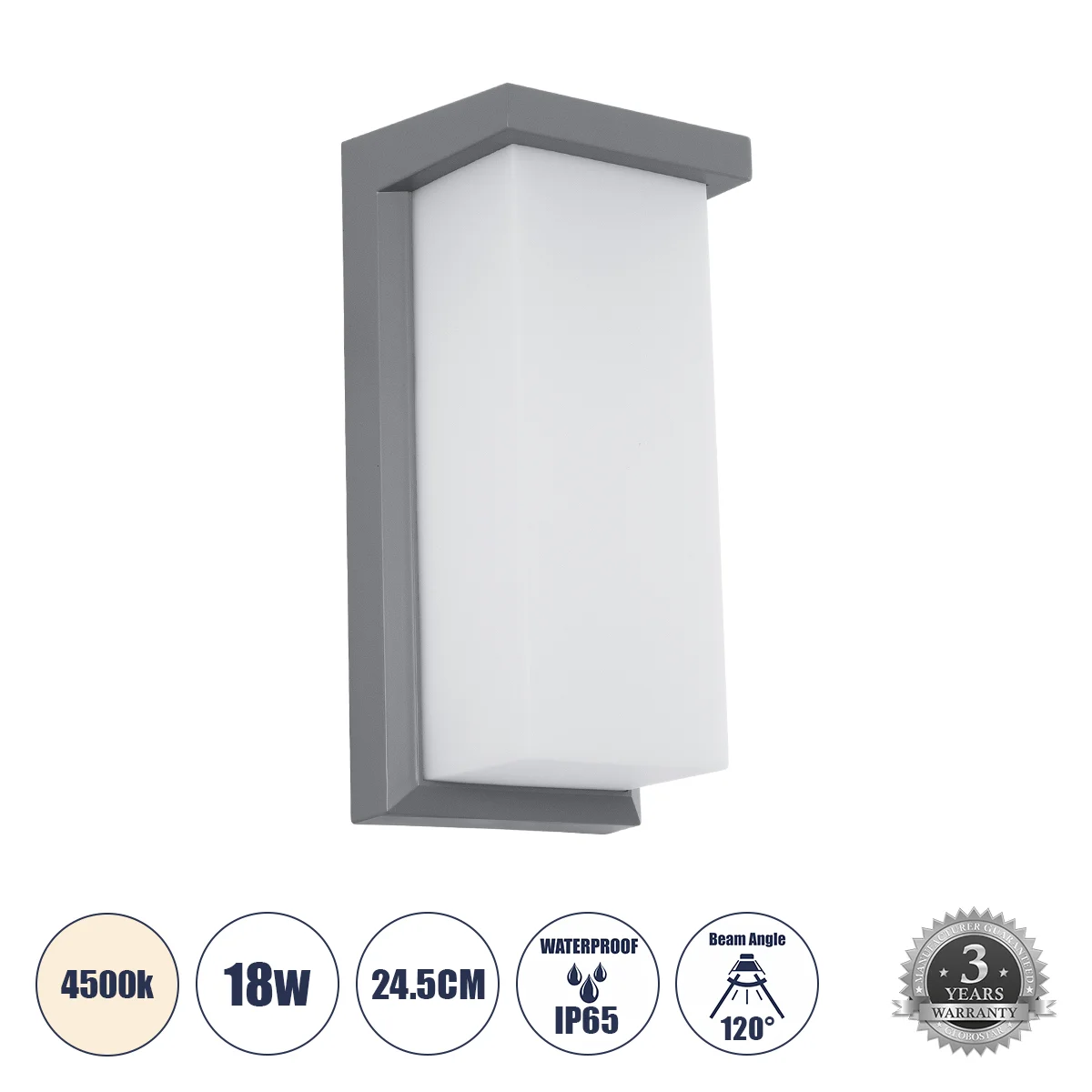 Φωτογραφία προϊόντος: GLOBOSTAR® LOFT 60759 Μοντέρνο Φωτιστικό Τοίχου - Απλίκα LED 18W 1890lm 120° AC 220-240V Αδιάβροχο IP65 Φυσικό Λευκό 4500K - Bridgelux SMD Chip - Γκρι Ματ - Μ24.5 x Π11 x Υ9.5cm -