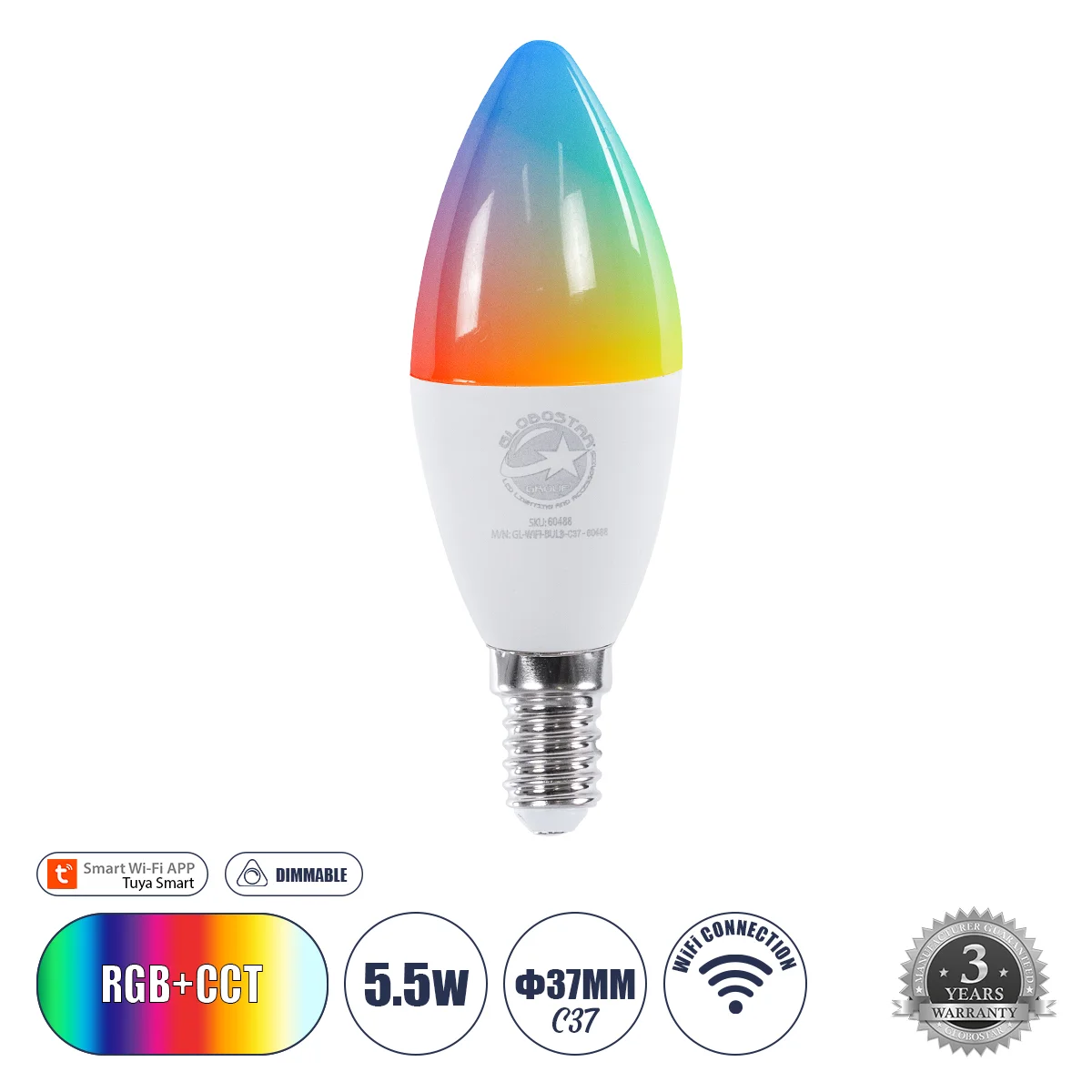 Φωτογραφία προϊόντος: GLOBOSTAR® SMARTME 60488 Λάμπα Κεράκι E14 C37 Smart Home WiFi με Λειτουργία μέσω Tuya APP LED 5.5W 550lm 260° AC 220-240V IP20 Πολύχρωμο RGBW+WW Dimmable - Bridgelux Chip - Μ3.7 x