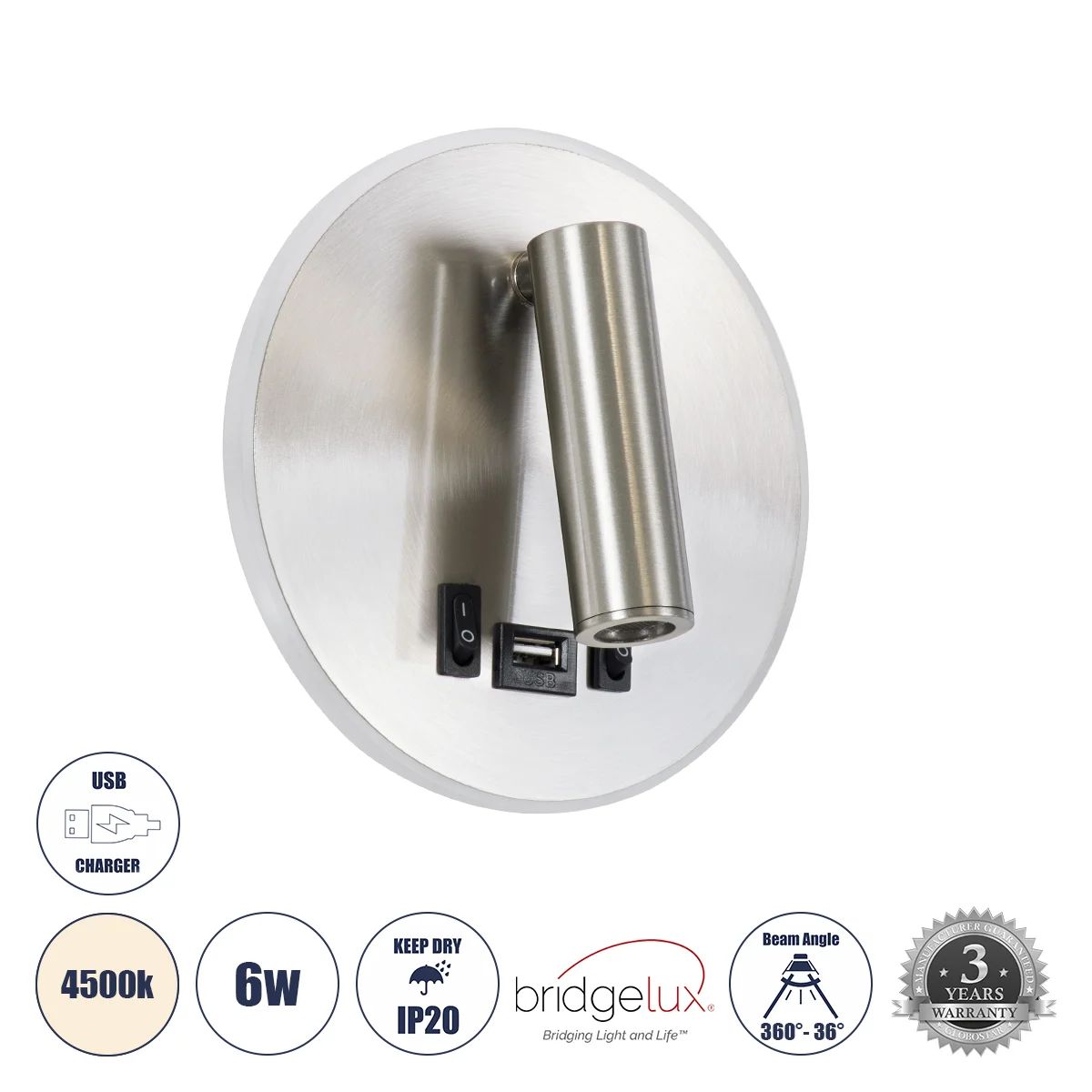Φωτογραφία προϊόντος: GLOBOSTAR® LADY-R 60941 Μοντέρνο Φωτιστικό Τοίχου - Απλίκα Ξενοδοχείου Reading Light με Φορτιστή USB 3A LED 6W 600lm 36° & 360° AC 220-240V IP20 Φυσικό Λευκό 4500K - Bridgelux COB