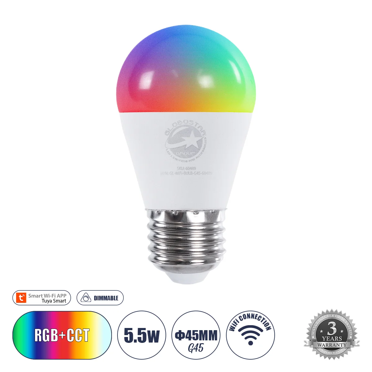 Φωτογραφία προϊόντος: GLOBOSTAR® SMARTME 60489 Λάμπα E27 G45 Smart Home WiFi με Λειτουργία μέσω Tuya APP LED 5.5W 550lm 260° AC 220-240V IP20 Πολύχρωμο RGBW+WW Dimmable - Bridgelux Chip - Μ4.5 x Π4.5 x