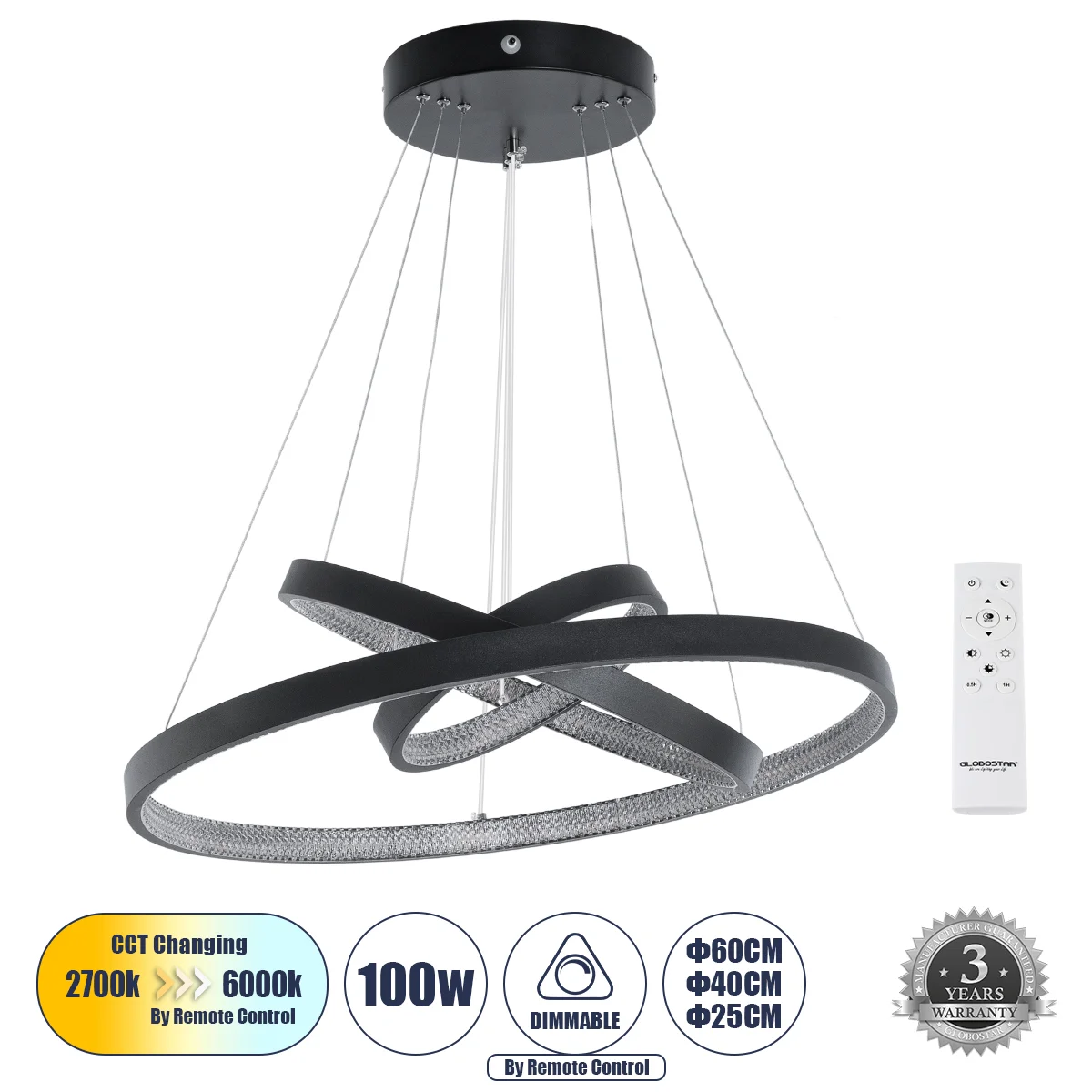 Φωτογραφία προϊόντος: GLOBOSTAR® DIAMOND TRIO 61523-DECO Μοντέρνο Κρεμαστό Φωτιστικό Οροφής LED 100W 11200lm 360° AC 220-240V IP20 Ρυθμιζόμενο Λευκό CCT με Χειριστήριο από 2700K έως 6000K Dimmable - Lum