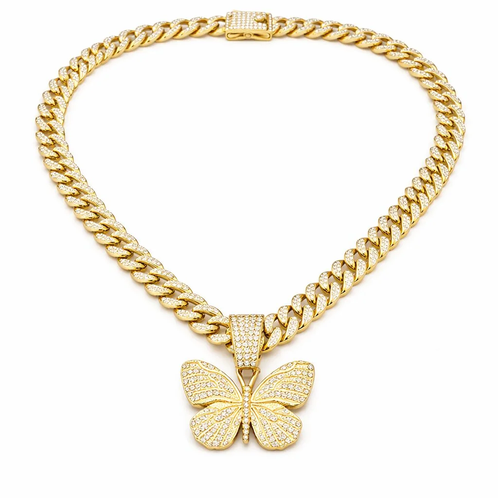 Φωτογραφία προϊόντος: Ghetto Hip Hop Big Butterfly Pendant Necklace Rhinestone Cuban Link Chain