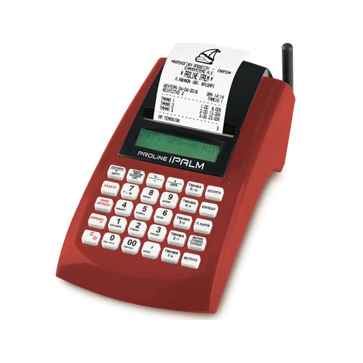 Φωτογραφία προϊόντος: Ταμειακή Μηχανή Proline iPALM Red με μπαταρία (Δώρο συρτάρι + ρολά + προγραμματισμός + παράδοση) ΜΕ ΔΟΣΕΙΣ