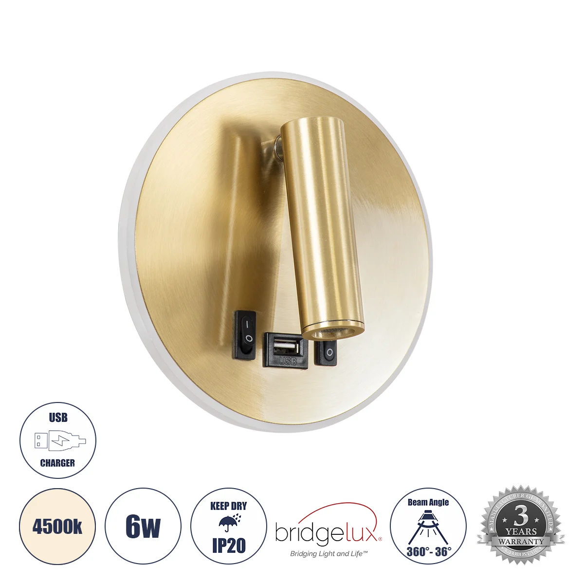 Φωτογραφία προϊόντος: GLOBOSTAR® LADY-R 60940 Μοντέρνο Φωτιστικό Τοίχου - Απλίκα Ξενοδοχείου Reading Light με Φορτιστή USB 3A LED 6W 600lm 36° & 360° AC 220-240V IP20 Φυσικό Λευκό 4500K - Bridgelux COB