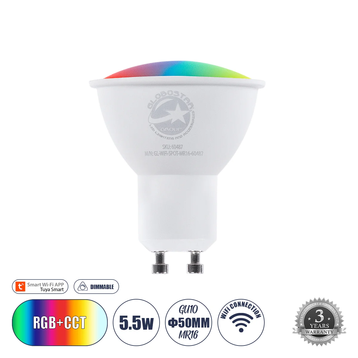 Φωτογραφία προϊόντος: GLOBOSTAR® SMARTME 60487 Σποτ GU10 MR16 Smart Home WiFi με Λειτουργία μέσω Tuya APP LED 5.5W 550lm 120° AC 220-240V IP20 Πολύχρωμο RGBW+WW Dimmable - Bridgelux Chip - Μ5 x Π5 x Υ6.