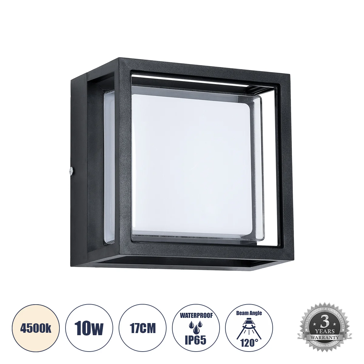 Φωτογραφία προϊόντος: GLOBOSTAR® MAJESTIC 60773 Μοντέρνο Φωτιστικό Τοίχου - Απλίκα LED 10W 1050lm 120° AC 220-240V Αδιάβροχο IP65 Φυσικό Λευκό 4500K - Bridgelux SMD Chip - Μαύρο Ματ - Μ17 x Π17 x Υ9cm -