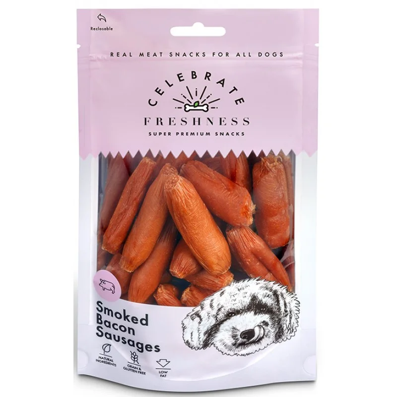Φωτογραφία προϊόντος: Λιχουδιές Celebrate Freshness Grain free Sausages 100gr με καπνιστό Bacon